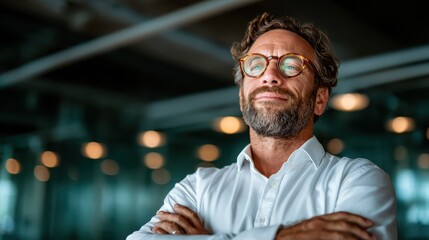 A businessman with glasses, exuding confidence in a modern office environment, highlighting his self-assured demeanor and professional appearance amidst soft bokeh lights.