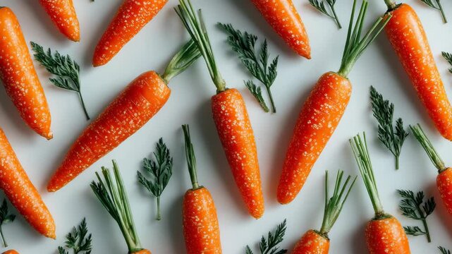 Whole fresh carrots with green tops and cut leaves arranged in a flat lay style on a clean white background, concept of organic vegetables