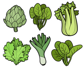 Greens - Artichoke, shallots, lettuce, spinach, celery linear drawing for coloring page on white background