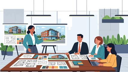 Flat vector illustration of an architect presenting building design to clients, ideal for real estate marketing, architecture firms, business presentations, and project proposals