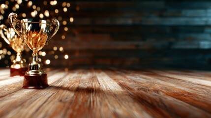 A pair of gleaming trophies stands proudly against a rustic wooden backdrop, symbolizing achievement, success, and celebration in competitive arenas or personal milestones.