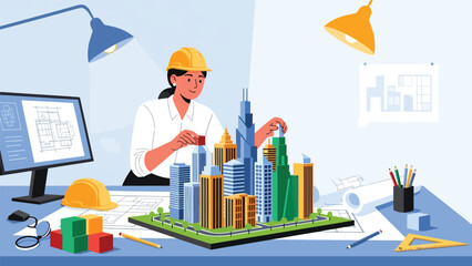 Flat vector illustration of an architect designing a modern urban skyline, ideal for city planning visuals, real estate development, architecture branding, and urban concepts