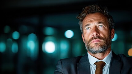 A contemplative businessman in formal attire gazes thoughtfully into the distance, captured in a dimly lit environment, evoking feelings of introspection and determination.