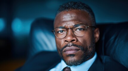 A serious businessman with glasses sits relaxed, dressed in formal attire, portraying confidence and contemplation in a modern setting with soft lighting and a focused expression.
