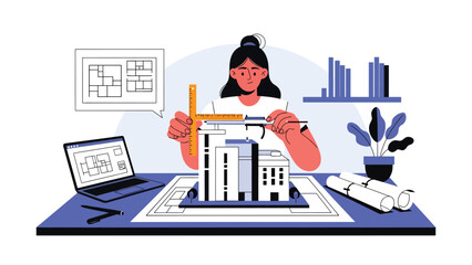 Modern flat vector illustration of an architect measuring a scale building model, ideal for precision design concepts, architecture studios, and construction planning visuals