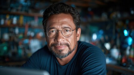 A confident man poses in a workshop filled with tools and equipment, showcasing his expertise and passion for craftsmanship in a warm and inviting environment.