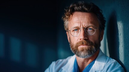 Fototapeta premium A thoughtful doctor in glasses gazes intensely, suggesting intelligence and insight. The lighting and modern decor create an atmosphere of innovation in patient care.