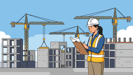 Modern flat vector illustration of an architect inspecting a construction site, ideal for building supervision, project management visuals, architecture firms, and construction services