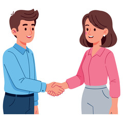 Fototapeta premium Cartoon young caucasian male and female shaking hands in friendly greeting