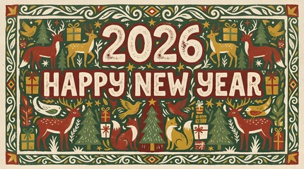 Obraz premium Dark Blue Folk Art New Year 2026 Illustration with White Rabbits, Deer, and Winter Trees