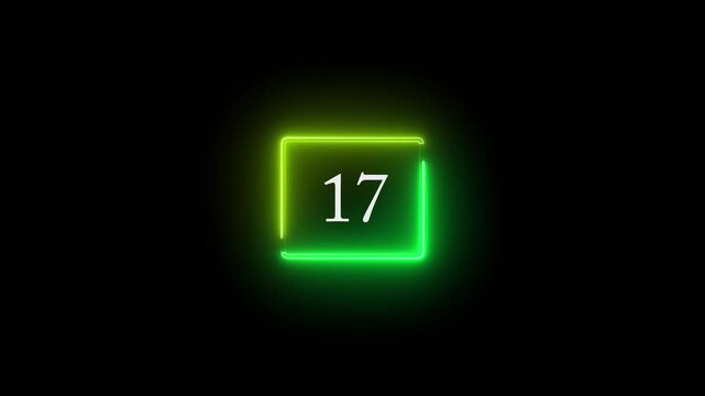 Neon glowing calendar date number 17 displayed inside a futuristic rectangular frame on dark background. Modern digital date indicator suitable for calendar design, schedule concept, reminder, event 