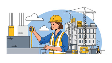 Flat vector illustration of an architect checking precise measurements, ideal for accuracy concepts, construction planning, professional architecture services, and technical visuals