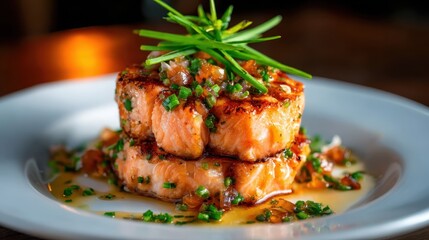 An elegant dish displaying perfectly grilled salmon stacked high with fresh herbs and a light glaze, showcasing culinary artistry and fine dining aesthetics.