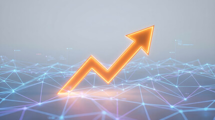 AI-Powered Business Growth Graph: Glowing Orange Arrow Showing Upward Trend on Digital Network for Enterprise Success and Technology Innovation