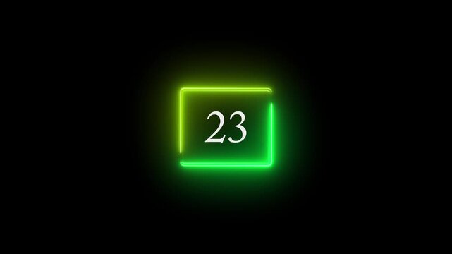 Neon glowing calendar date number 23 displayed inside a futuristic rectangular frame on dark background. Modern digital date indicator suitable for calendar design, schedule concept, reminder, event 