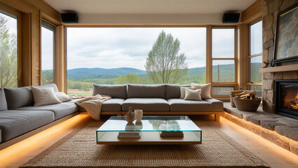 Modern living room with large windows overlooking scenic mountain landscape