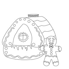 A gingerbread house with a gingerbread man - clean black and white line illustration. minimalist Christmas coloring page design. 