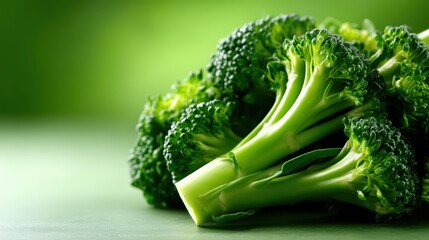 A close-up of fresh broccoli showcasing its vibrant green color and intricate florets, representing health and nutrition against a softly blurred background of greens.