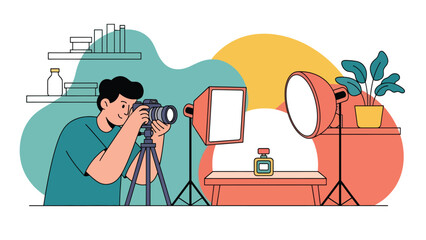 Flat vector illustration of a photographer taking product photos, ideal for e-commerce visuals, product marketing, commercial photography, and business branding