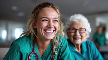 A nurse shares a joyful moment with an elderly woman, showcasing the essence of care and companionship, set against a backdrop of healthcare professionalism and warmth.