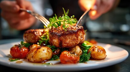 A beautifully plated succulent steak served with vibrant vegetables, showcasing culinary artistry that highlights flavor and presentation for gourmet dining experiences.