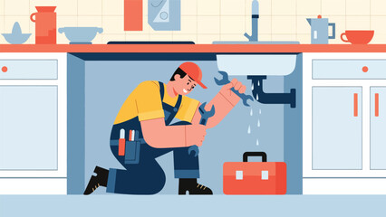 Modern flat vector illustration of a repairman fixing a leaking kitchen sink, ideal for home service websites, plumbing ads, maintenance guides, and repair business branding