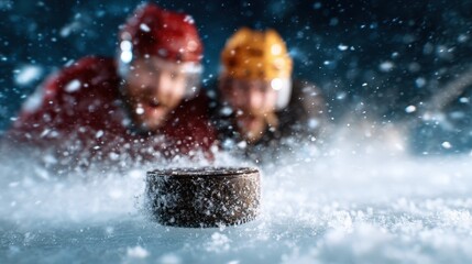 An action-packed shot of an ice hockey game, where players are intensely focused and ready to strike, showcasing the adrenaline and excitement of the sport in motion.