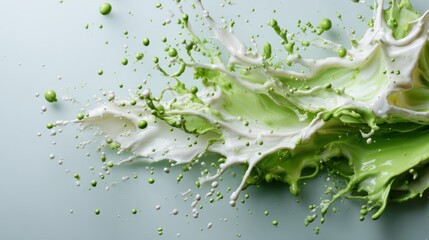 An abstract representation of dynamic liquid movement with splashes of green and white, showcasing creativity and energy through vibrant colors and forms.