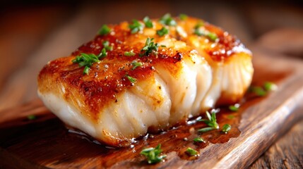 An appetizing grilled fish fillet garnished with herbs, resting on a rustic wooden board, highlighting culinary excellence and the joy of gourmet dining.