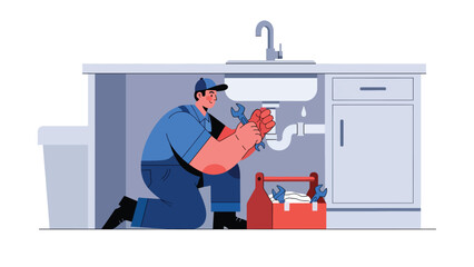Modern flat vector illustration of a repairman fixing a leaking kitchen sink, ideal for home service websites, plumbing ads, maintenance guides, and repair business branding