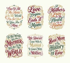Mother's Day vintage typography quotes set. Ornamental hand lettering vector bundle for t-shirt print and greeting cards