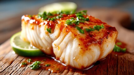 This enticing image features a beautifully grilled fish fillet garnished with fresh herbs and a slice of lime, evoking culinary delight and gastronomic sophistication.