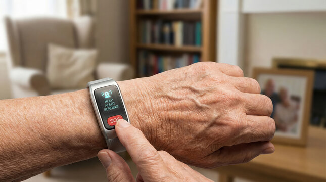Wearable smart health alert device on elderly wrist showing SOS button and help sending message