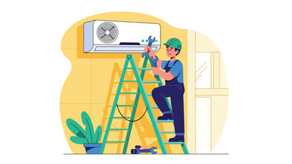 Modern flat vector illustration of a repairman fixing an air conditioner unit on a ladder, ideal for HVAC services, home maintenance ads, and appliance repair promotions