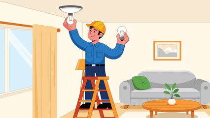 Flat vector illustration of a repairman replacing a ceiling light bulb, ideal for home maintenance graphics, electrical safety content, service brochures, and repair tutorials