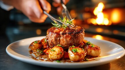 A deliciously grilled steak topped with fresh herbs served alongside crispy roasted potatoes, a mouthwatering dish ideal for showcasing culinary perfection and gourmet dining.