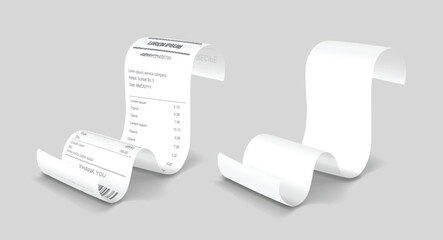 Payment check isometric set. Buying financial invoice paper bill. Receipt purchasing calculate pay vector isolated. Blank and printed seller form, cash invoice, supermarket bill