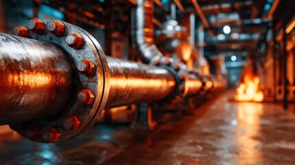 A close-up view of a large industrial pipe with bolts connecting it to machinery in a factory setting, showcasing the design and structure of industrial equipment.
