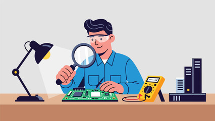 Modern flat vector illustration of a repairman fixing a laptop motherboard at a desk, ideal for electronics repair services, tech support visuals, and IT maintenance content