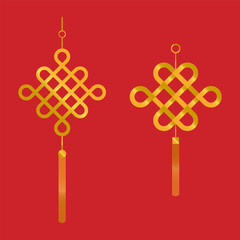 Set of  Golden Chinese knot isolated on red background.Lunar new year symbol.China Spring Festival element.Lucky charms clipart vector graphic illustration.