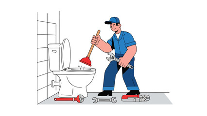 Modern flat vector illustration of a plumber unclogging a toilet with tools, ideal for plumbing services, emergency repair ads, home maintenance visuals, and service branding