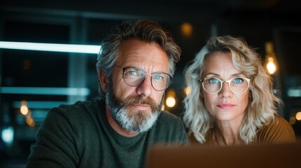 A focused couple, illuminated by soft light, is engaged in a late-night work session on a laptop, embodying modern collaboration, creativity, and shared ambitions in the digital age.