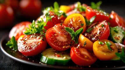A vibrant salad featuring an assortment of fresh cherry tomatoes and cucumbers garnished with herbs, presenting a healthy and colorful dish that celebrates fresh ingredients.