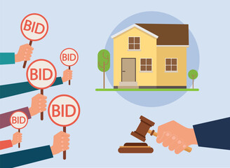 People holding auction paddle. Selling or buying a new house. Bid plate. Auction competition