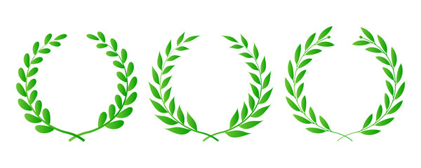 Green laurel wreath. Green silhouette laurel foliate wreaths, award, achievement, chaplet, heraldry, nobility. Green leaf silhouette on PNG.
