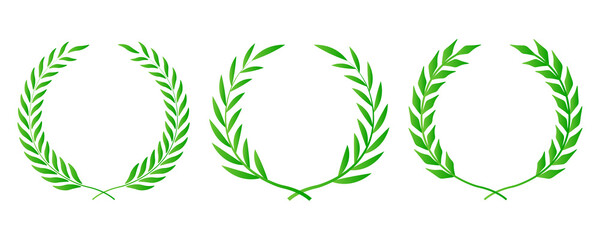 Green laurel wreath. Green silhouette laurel foliate wreaths, award, achievement, chaplet, heraldry, nobility. Green leaf silhouette on PNG.