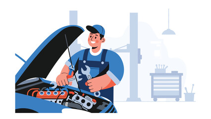 Flat vector illustration of a repairman repairing a car engine with open hood, ideal for automotive workshops, mechanical services, repair manuals, and vehicle maintenance visuals