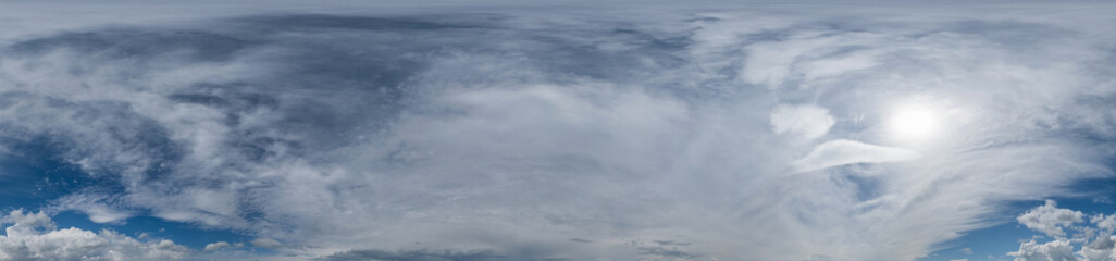 Obraz premium Overcast sky panorama on rainy day with Nimbostratus clouds in seamless spherical equirectangular format. Full zenith for use in 3D graphics, game and for aerial drone 360 degree panorama as sky dome.