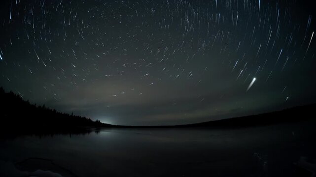 Time lapse with star trails of the night sky above a large calm lake with the moon moving through the sky