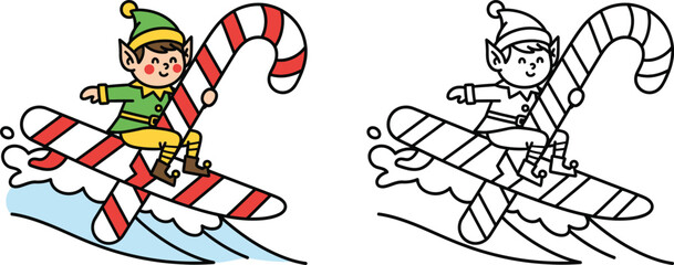 Playful Christmas Elf Surfing on a Candy Cane Board Festive Holiday Cartoon Vector Illustration for Kids